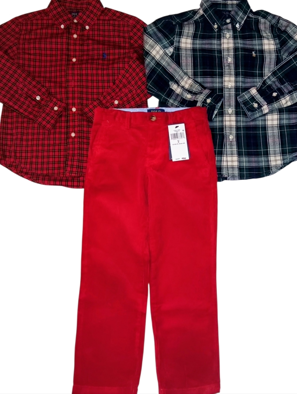 RALPH LAUREN BOYS SIZE 5 PLAID BUTTON DOWNS & RED CORDUROY RED PANTS NEW